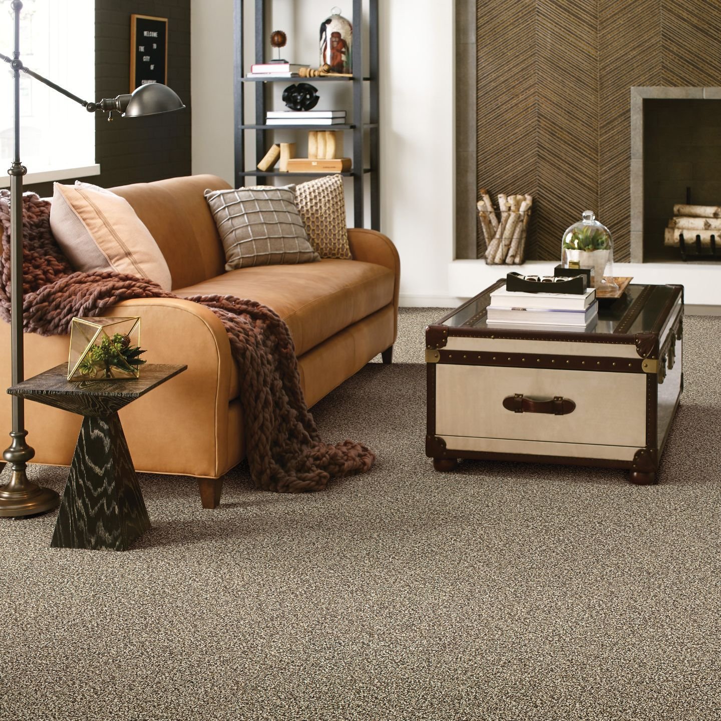 Living room with light brown couch and gray carpet from Excel Carpet LTD in the Commack, NY area